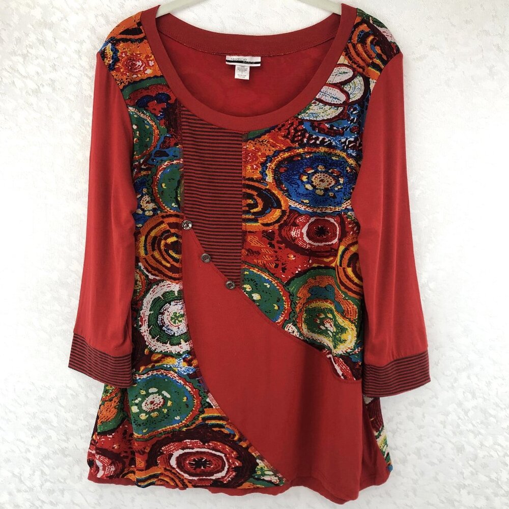 Mirror Image Multicolor Mixed Media Boho Art Print Tunic Top Size M
